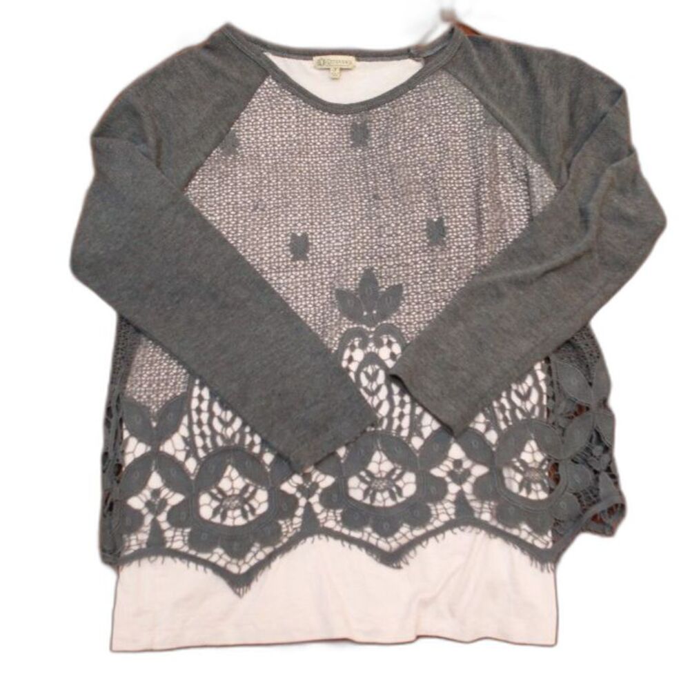 Democracy Lace Overlay Top Small Gray Long Sleeve Layered Boho Floral Blouse